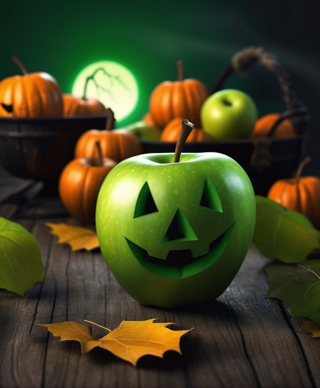 Happy Halloween, ((green apple)),((3d)), natural shadows, blur background, Halloween themas, DirectX 12: 0.6, ultra realistic: 0.5, f/2.2, Paloroid, HDR, RTX, 1024K