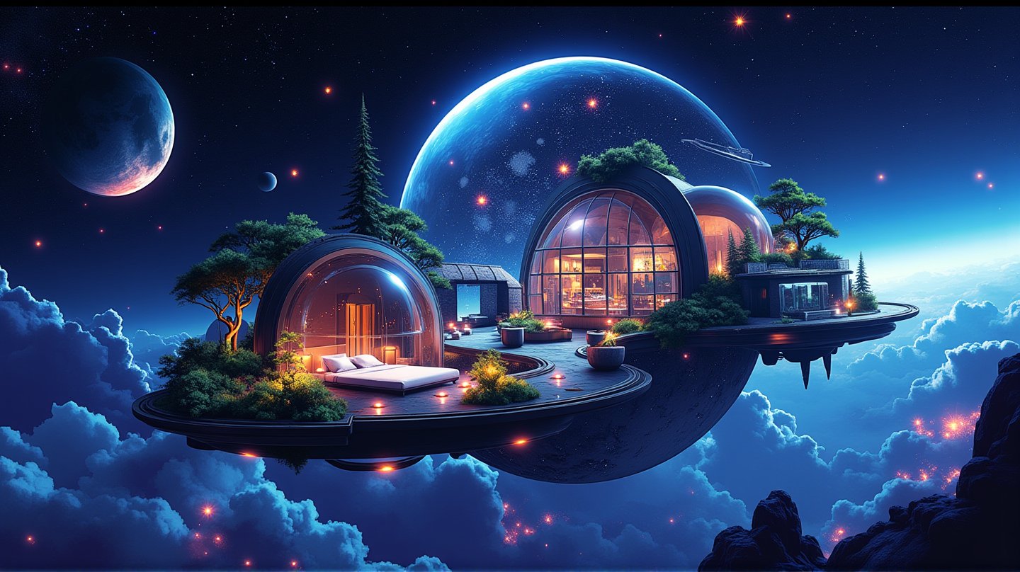 An illustration of a spherical hotel in orbit called "Cosmic Retreat." The hotel has transparent walls that showcase the starry sky. Inside the hotel, there are anti-gravity beds floating in serene cabins. There is a lush zero-gravity garden with bioluminescent plants. There are flowing display screens mapping the cosmos. There are panoramic observation decks for meteor showers. There is a unique "space menu" in a futuristic cafe. The hotel uses eco-friendly technology to recycle water and air. There are immersive virtual tours to distant planets.,vibrant painting,noc-isometric