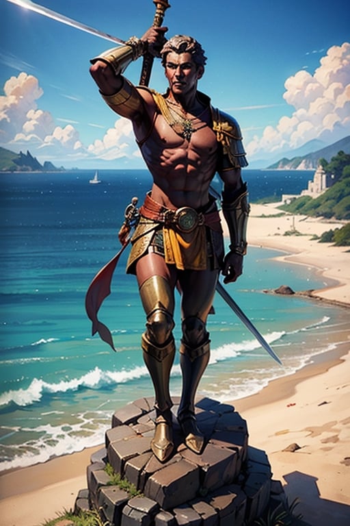 From the grand old balcony, gaze upon the endless sea and the small rocky island with a statue of a warrior, sword raised high towards the sun. Rendered in the opulent style of Baroque, with vibrant watercolor strokes.