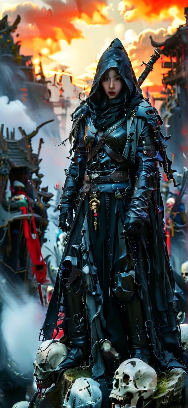 A dark fantasy masterpiece: A hooded monk-warrior, Death, stands atop a hill of human skulls and otherworldly creatures against an ominous mountain backdrop at sunset. The figure's leather-adorned robe, gray cloak, and black gloves contrast with the vibrant color palette, evoking Boris Vallejo's style. Framed by the setting sun, the character exudes power and mystery.,adamcnbldg style