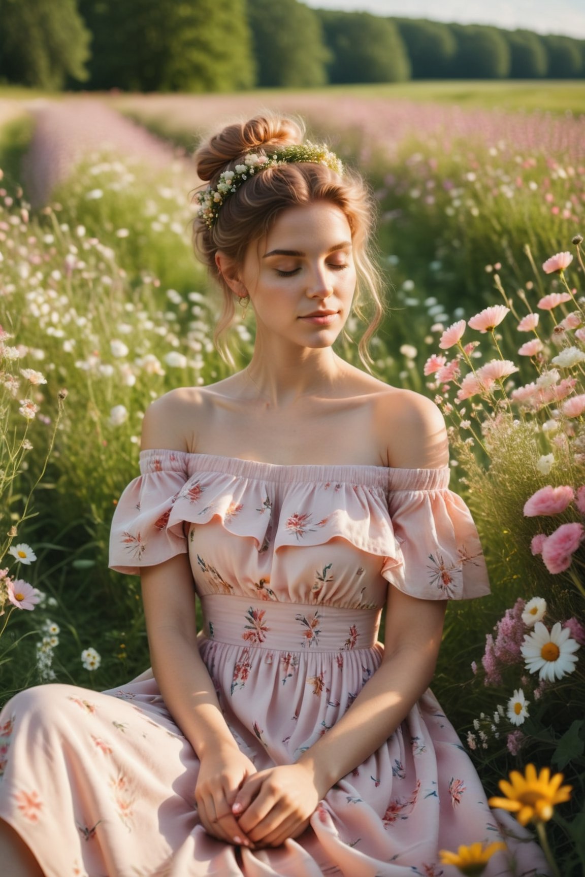 Soft focus captures the serene scene: a young woman sits amidst a sea of wildflowers, her hands deftly weaving a wreath of blooms. She wears a delicate light pink and white off-the-shoulder dress adorned with printed flowers, perfectly complementing her rosy locks gathered in a high bun, with loose strands framing her face. Summer sneakers clad her legs, while the warm sunlight casts a gentle glow on her peaceful pose amidst the vibrant meadow.