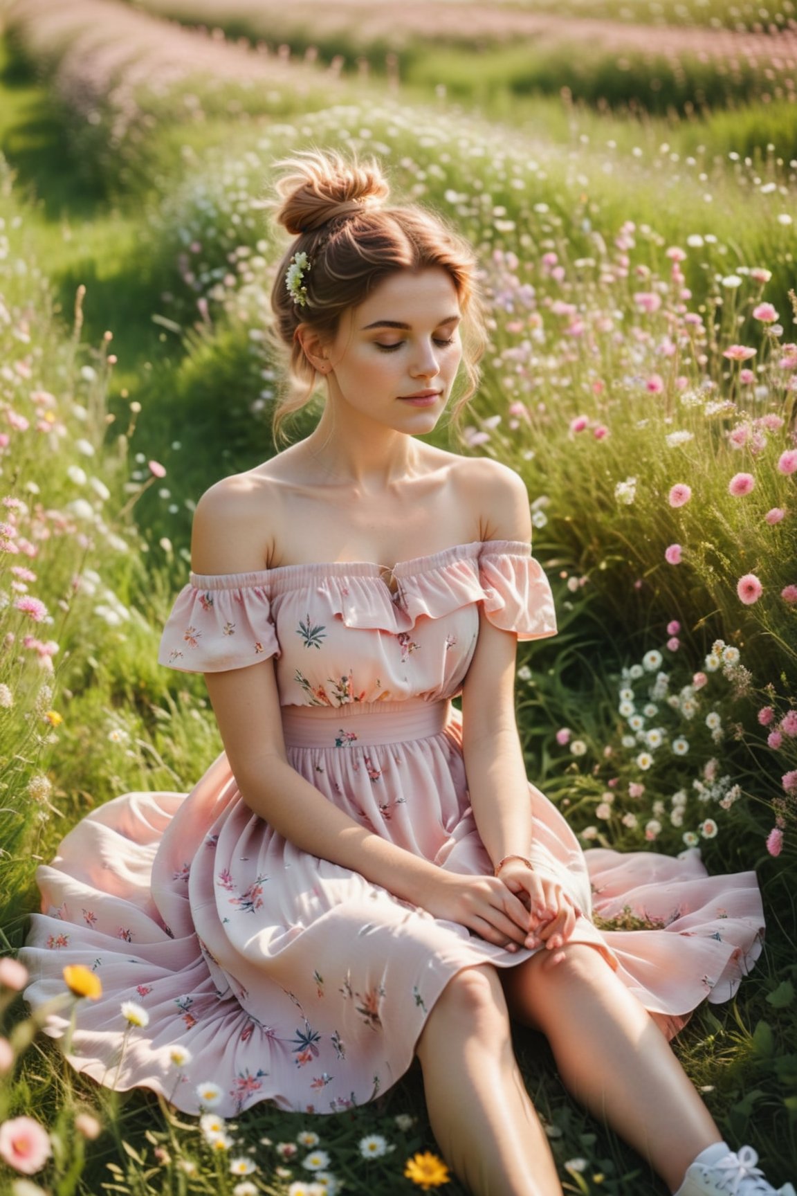 Soft focus captures the serene scene: a young woman sits amidst a sea of wildflowers, her hands deftly weaving a wreath of blooms. She wears a delicate light pink and white off-the-shoulder dress adorned with printed flowers, perfectly complementing her rosy locks gathered in a high bun, with loose strands framing her face. Summer sneakers clad her legs, while the warm sunlight casts a gentle glow on her peaceful pose amidst the vibrant meadow.