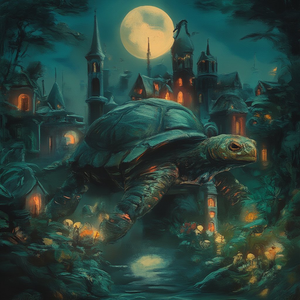 Moonlit Realm: A majestic turtle navigates through a veil of misty darkness, its shell transformed into a Gothic castle with intricate spires and arches aglow under the lunar light. The air is heavy with mystery as lush foliage surrounds the scene, blending rich textures with whimsical realism. Deep shadows and radiant highlights evoke an otherworldly atmosphere, reminiscent of Boris Vallejo's mystical realms.,vibrant painting,tangtengpho