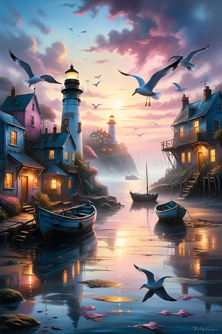 A captivating, high-quality oil painting that masterfully captures the essence of a mystical coastal village at dawn. The scene is a perfect blend of dark fantasy, wildlife photography, graffiti, and conceptual art. The luminous boat, filled with early risers, sails through the glistening, mist-covered harbor, casting a golden glow on the tranquil waters. The seagulls with glowing eyes soar above, their reflections dancing in the rippling sea. The charming, weathered buildings with intricate details line the shore, and the old lighthouse stands proudly in the foreground. The sky is a serene mix of soft pinks and deep blues, hinting at the first light of day. This artwork tells a story of mystique, wonder, and tranquility, transporting the viewer into a magical world., graffiti, wildlife photography, more detail XL