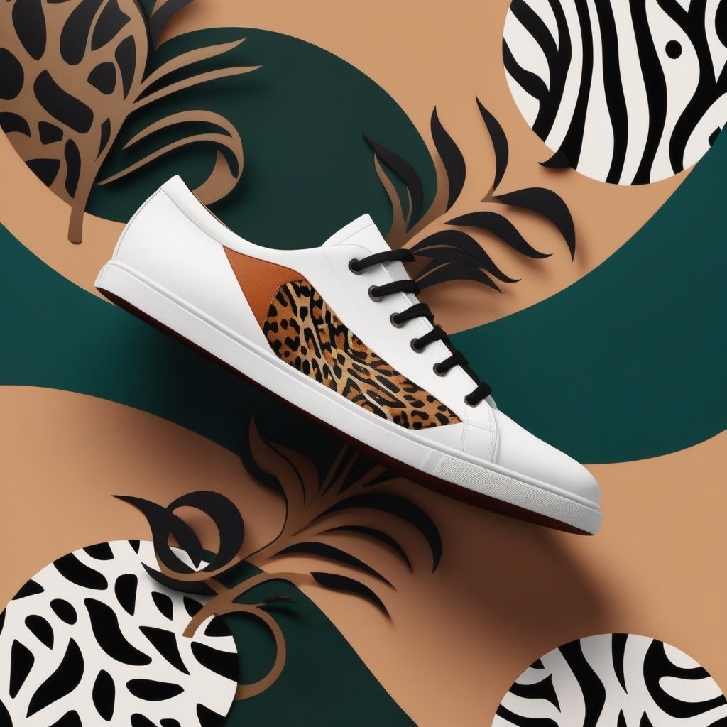 A sleek, modern shoe company logo featuring an abstract, stylized image of a shoe with a bold, eye-catching design. The logo incorporates elements inspired by nature, such as leaves or animal print patterns. The company's catchphrase, "Unleash your animal spirit," is written in a modern, bold font beneath the shoe image. The overall design is minimalistic yet striking, inviting potential customers to explore their wild side and find the perfect shoe to express their unique style.