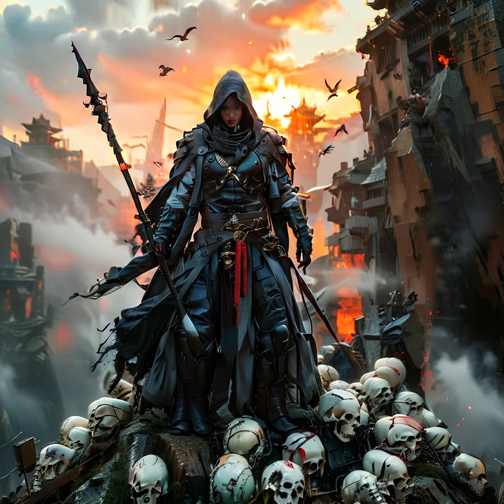 A dark fantasy masterpiece: A hooded monk-warrior, Death, stands atop a hill of human skulls and otherworldly creatures against an ominous mountain backdrop at sunset. The figure's leather-adorned robe, gray cloak, and black gloves contrast with the vibrant color palette, evoking Boris Vallejo's style. Framed by the setting sun, the character exudes power and mystery.,adamcnbldg style