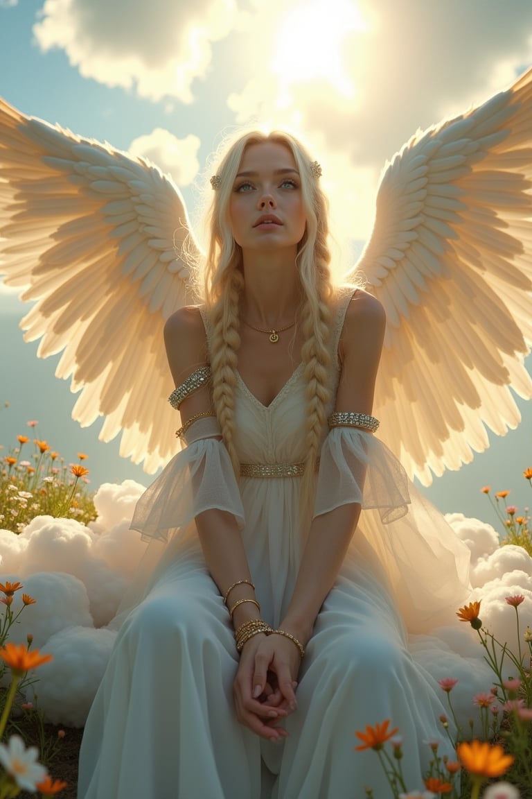 

The Divine Maiden seated on a billowy cloud, long blonde braids cascading elegantly, striking grey eyes sparkling with ethereal wisdom, snow-white luminous skin radiating an otherworldly glow, transparent veil adorned with shimmering crystals fluttering gently, delicate and airy divine garments layered with elements of crystal, intricate gold bracelets adorning arms and legs, magnificent angel wings unfurling in pure light, vibrant sun rays filtering through, illuminating her presence, lush floral meadow beneath, creating an atmosphere of serene love and tranquility, wide-angle view showcasing the heavenly realm.
