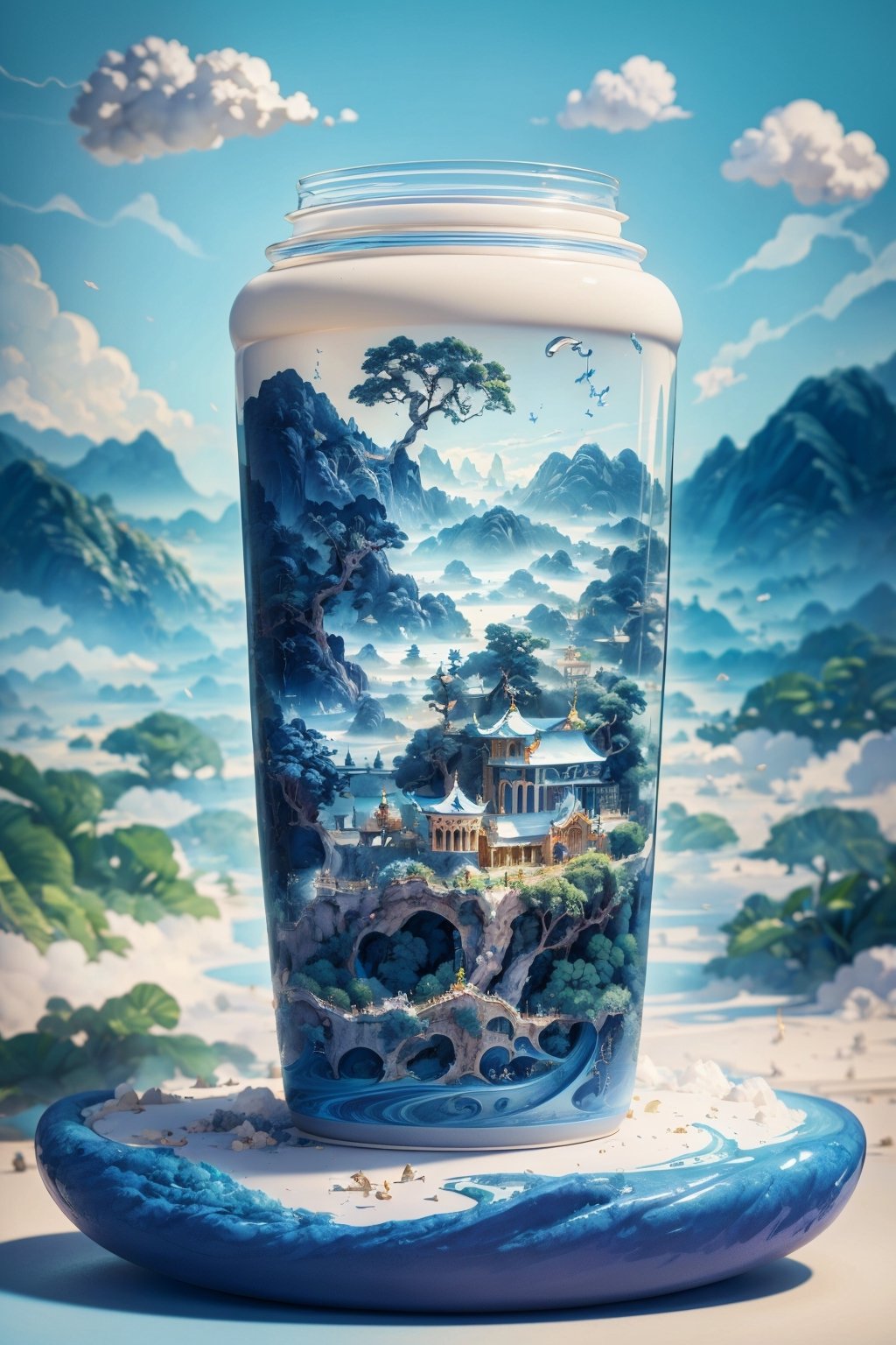 (Masterpiece, high quality, best quality, official art, beauty and aesthetics: 1.2), air island, castle, clouds, scenery, blue theme, surrealist dream style, cream organic fluid, light tracing, foreground occlusion, natural light, jungle, c4d, OC rendering, product photography