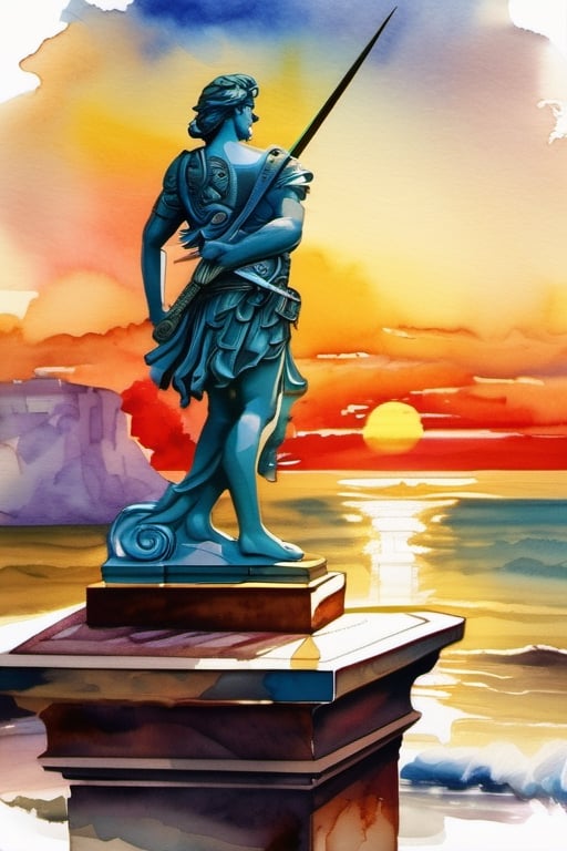 From the grand old balcony, gaze upon the endless sea and the small rocky island with a statue of a warrior, sword raised high towards the sun. Rendered in the opulent style of Baroque, with vibrant watercolor strokes.