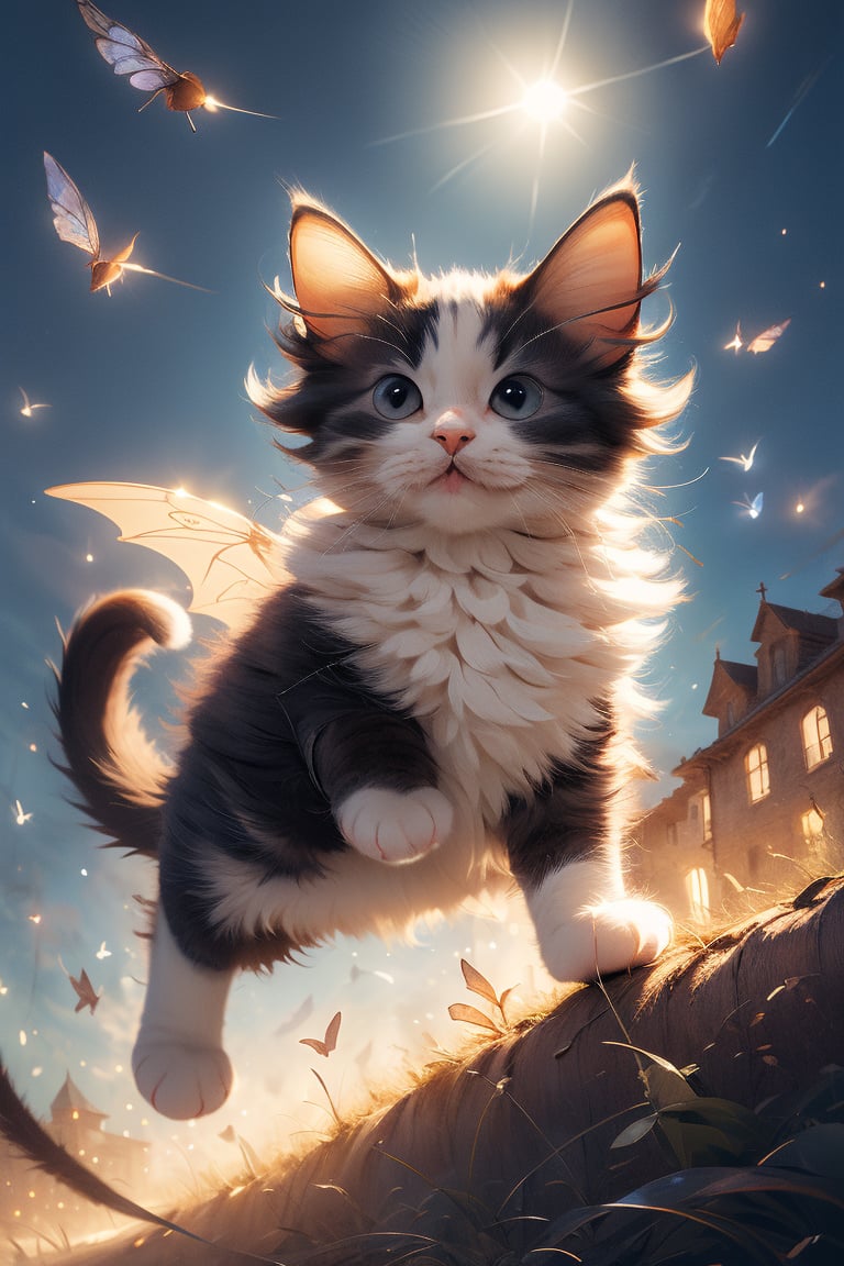 Cute demon cat, adorned with sleek horns and delicate wings, glides through the sky, reminiscent of Lewis Royo's intricate style.
,HYPER REAL CAT ,cat,hmnzct