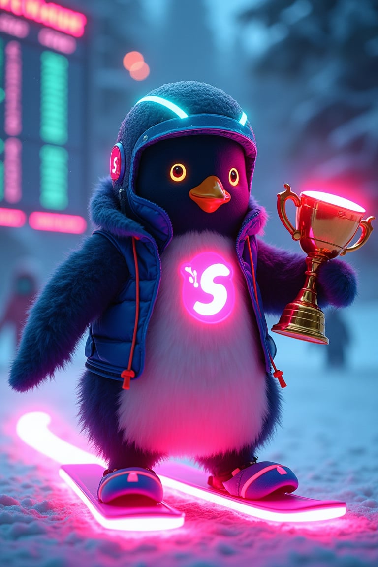 A cinematic-style medium shot of a futuristic, stylized penguin called "Win Penguin". The penguin is wearing a helmet adorned with neon lights and is riding on a pair of neon snowboards. There is a glowing trail behind the penguin. The penguin has a glowing "S" symbol on its chest. The background contains a tournament leaderboard. The penguin holds the neuro-winner's cup with his wings. The overall artwork combines elements of illustration, cinematic design, and photography, creating a bold and vibrant portrait.