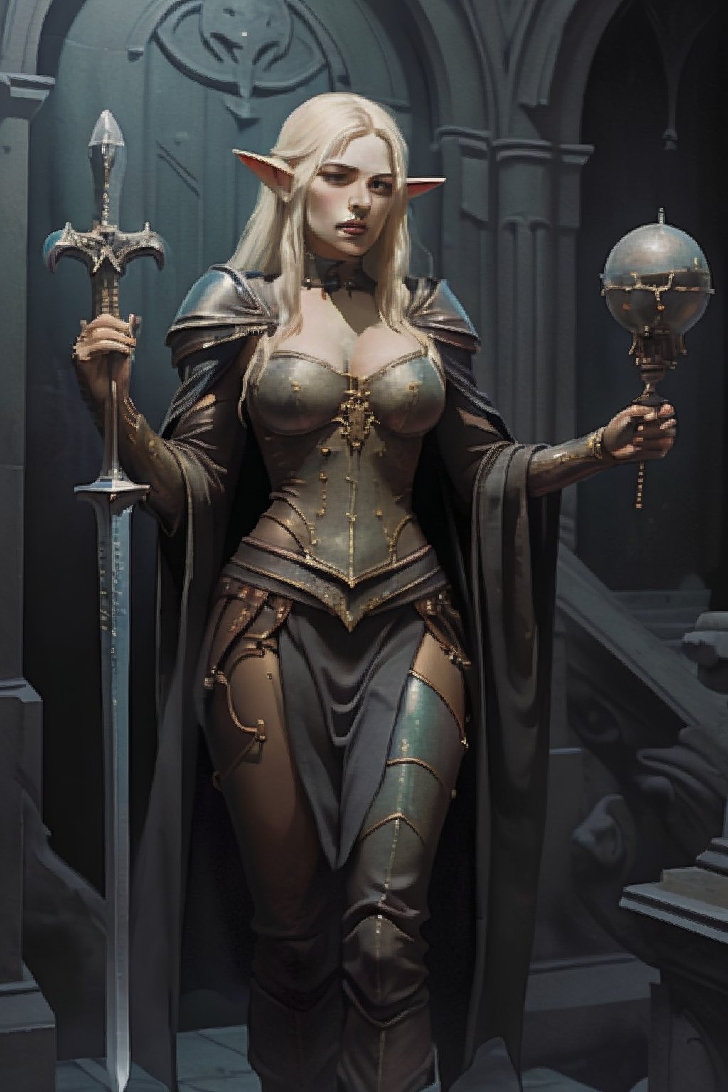 a woman dressed in armor holding a sword, sylvanas windrunner, 2. 5 d cgi anime fantasy artwork, character design : : gothic, 3 d render of a full female body, pale pointed ears, male rogue, the empress’ hanging, unclad, leblanc, promotional images, 32K, fantasy art,nodf_lora,th1nsh1rtng,ploysri,Futa