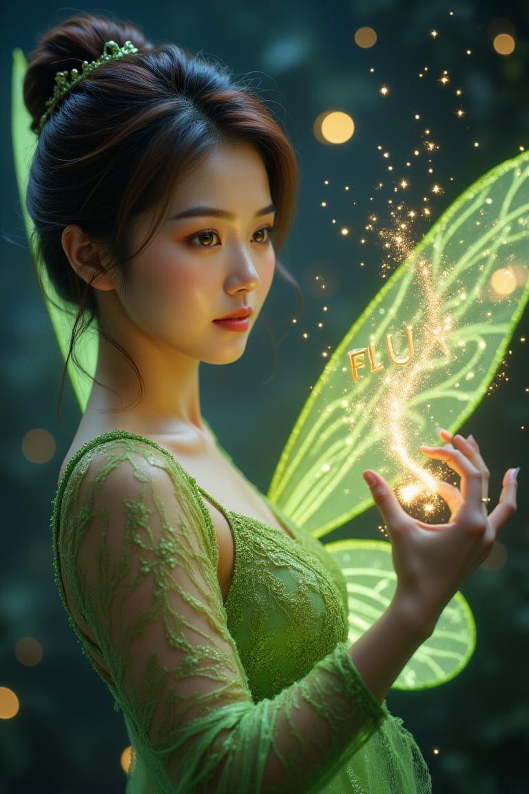 Realistic Asian Tinkerbell with elegant updo hair and green lace outfit. (She gracefully waves her glowing magic wand, forming the sparkling word "FLUX" in gold letters. Her delicate wings shine in the moonlight, and behind her lies a cloud of fairy dust). The night sky is full of stars, creating a fantastic atmosphere. movie lighting,