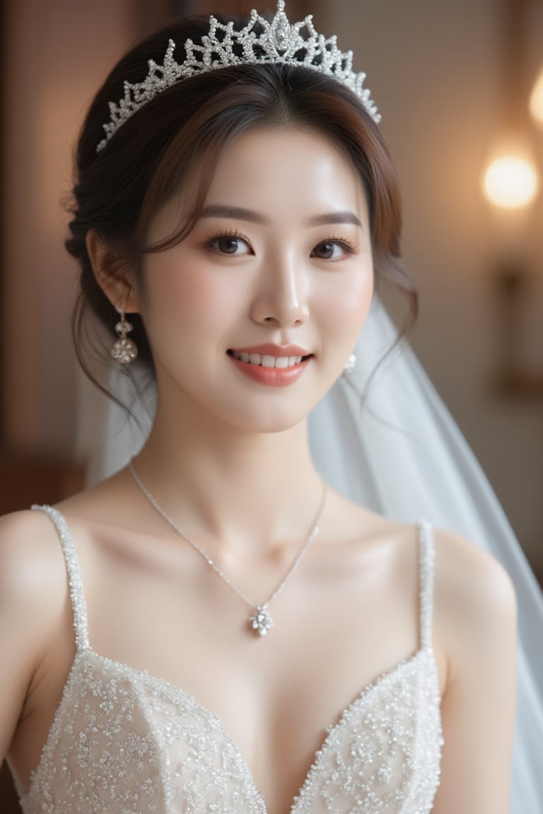 A stunning shot of the breathtakingly beautiful Korean bride-to-be in her exquisite wedding gown, adorned with elegant earrings, a delicate necklace, and a resplendent shiny crown, set amidst the serene ambiance of the bridal waiting room. The soft lighting casts a warm glow on her porcelain complexion, highlighting her radiant smile and captivating eyes. She stands majestically, her long veil trailing behind her like a river of silk, as she awaits her special day, surrounded by anticipation and joy.