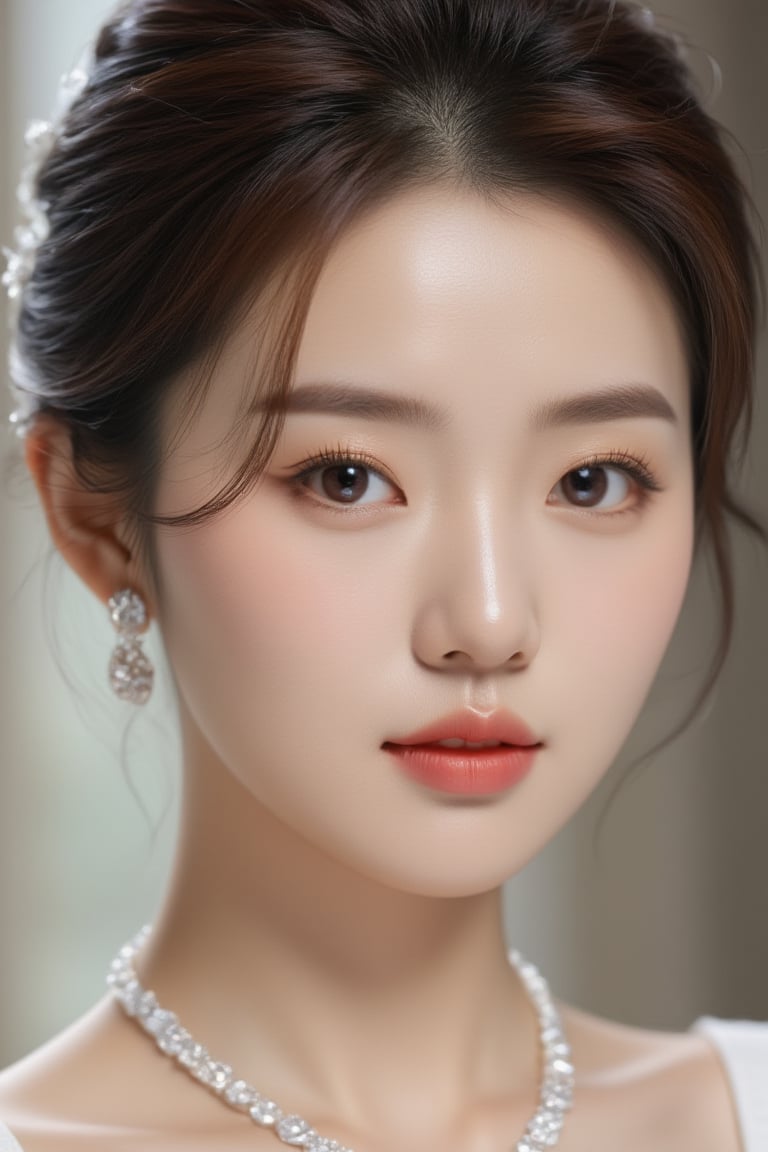 Realistic portrait of a beautiful Korean woman with her hair in an elegant updo, wearing delicate earrings and a sparkling necklace. Her serene face glows softly, and the light reflects off the jewels, emphasizing her elegant beauty. The background is softly blurred to highlight her features. cinematic lighting,