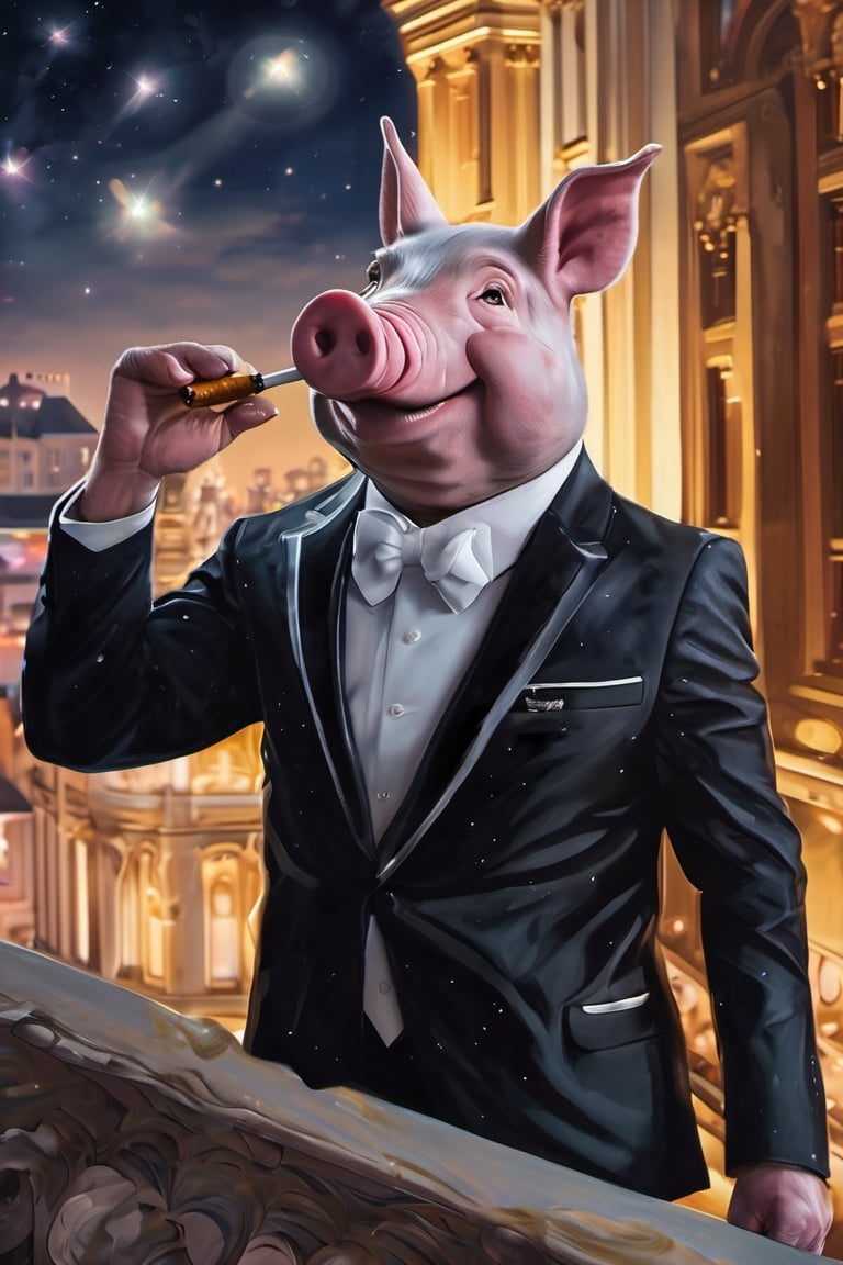 Masterpiece, (super detail), (animal anthropomorphism), gangster theme, (pig, smoking, black suit, presidential figure), Heavenly Father style, fake smile, looking at the audience, standing on the balcony of the night starry background, super clarity, super facial detail all over, intricate