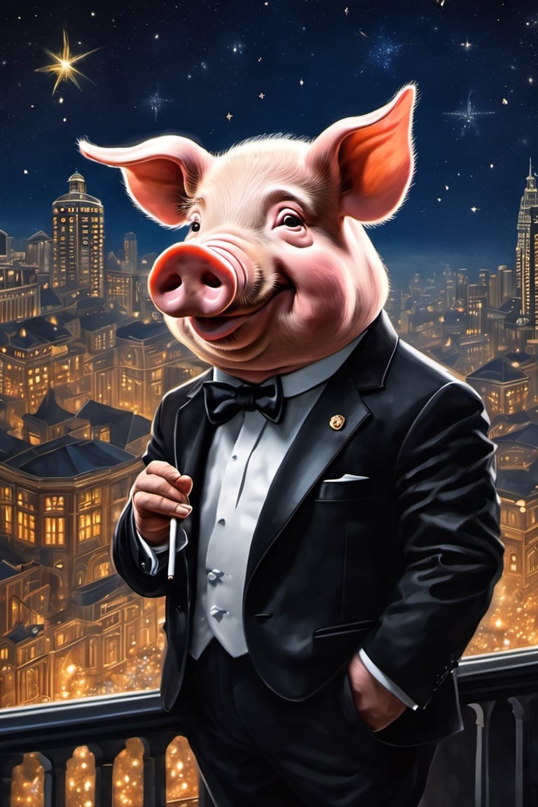 Masterpiece, (super detail), (animal anthropomorphism), gangster theme, (pig, smoking, black suit, presidential figure), Heavenly Father style, fake smile, looking at the audience, standing on the balcony of the night starry background, super clarity, super facial detail all over, intricate