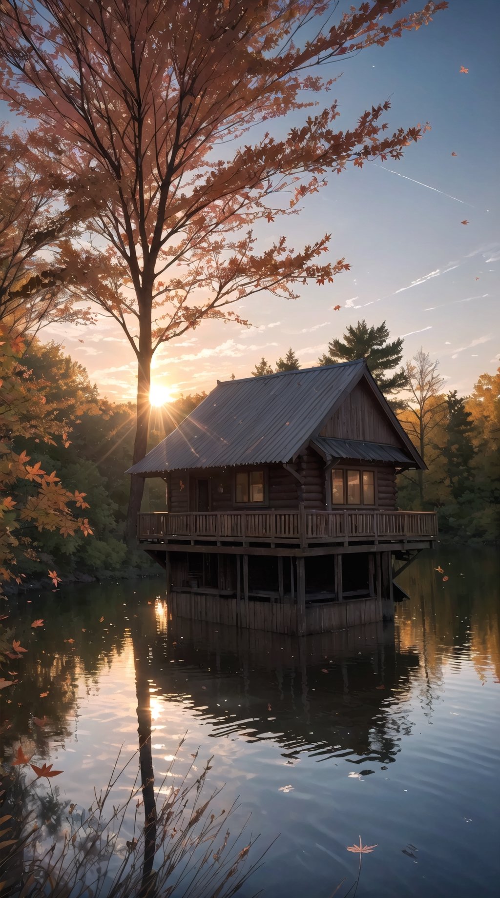 Wooden cabin in the midle of Lake, perfect sunset light on far away, golden rays , water reflection, breeze atmosphere, magnificent view, serene forest around, maple leaves floating , perfect composition, perfect light, profesional shot, canon 5d mark iv 75mm lens f2.8, dark to light, 8k unity wallpaper ,high_res