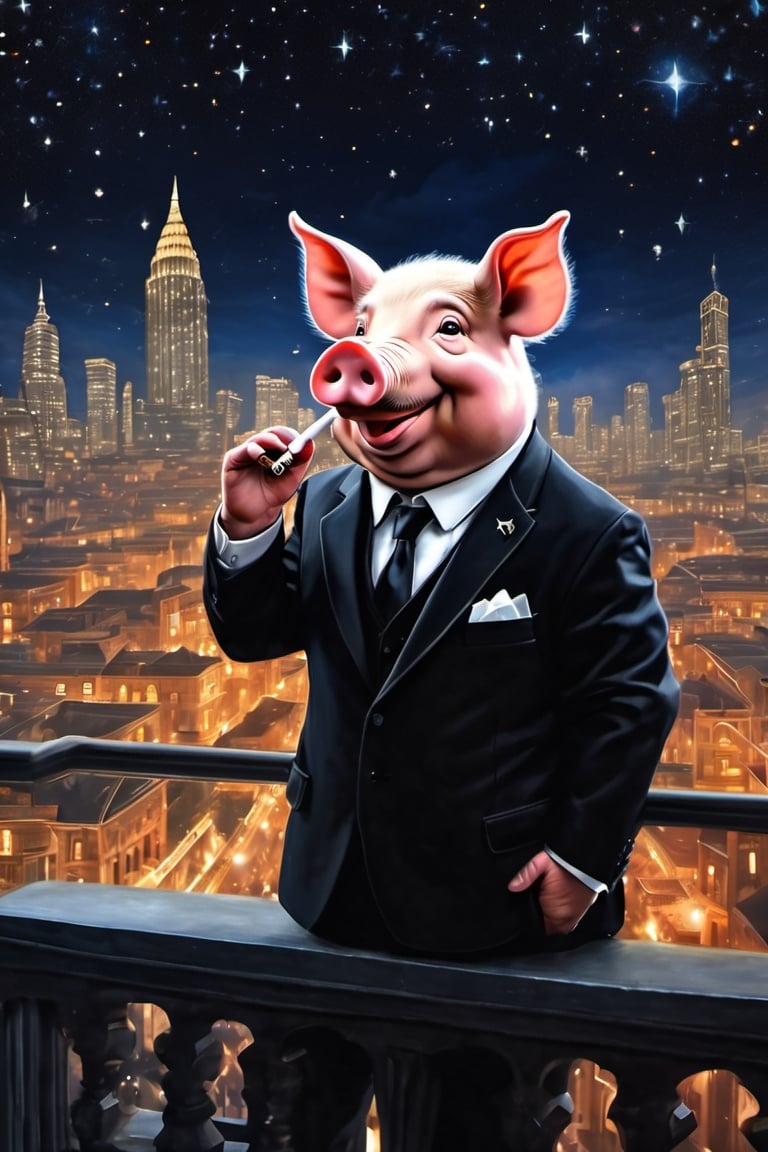 Masterpiece, (super detail), (animal anthropomorphism), gangster theme, (pig, smoking, black suit, presidential figure), Heavenly Father style, fake smile, looking at the audience, standing on the balcony of the night starry background, super clarity, super facial detail all over, intricate