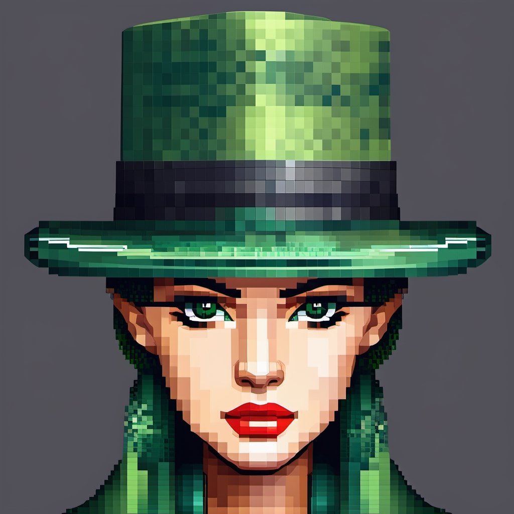 A beautiful green hat, trendy style green hat, half, masterpiece, super detail, background single color, look at the camera, look at the viewer, solid color background, Super clear, super facial detail, intricate, pixel art,