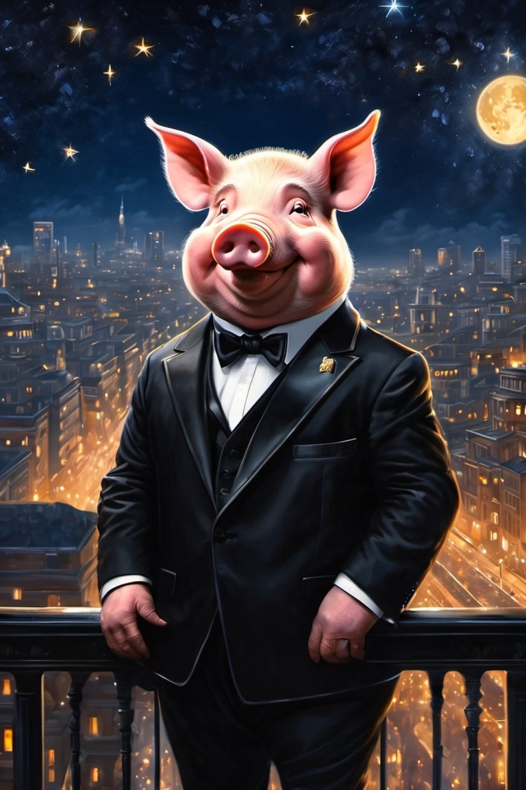 Masterpiece, (super detail), (animal anthropomorphism), gangster theme, (pig, smoking, black suit, presidential figure), Heavenly Father style, fake smile, looking at the audience, standing on the balcony of the night starry background, super clarity, super facial detail all over, intricate