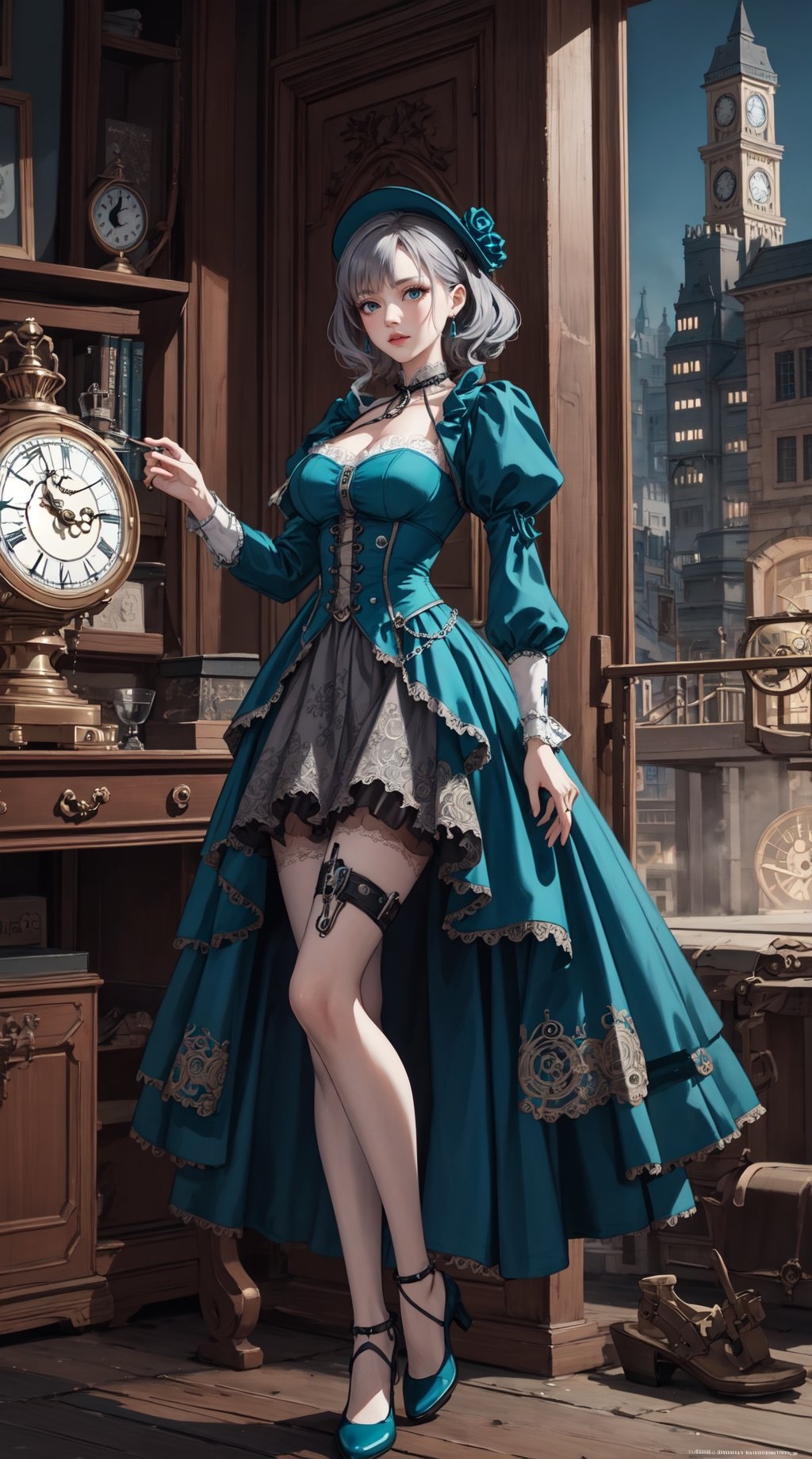 masterpiece, best quality, an automaton girl in a time goddess theme, teal and silver, featuring robotic body parts, delicate facial expressions, and intricately detailed steampunk fashion. Her attire includes a clock-adorned dress, chain accessories, and sundial-themed shoes. The scene is set in a surreal steampunk world with floating clocks, giant timepieces, and a bustling city skyline. hyperdetailed illustration, highres,Mj Osea Style,steam4rmor