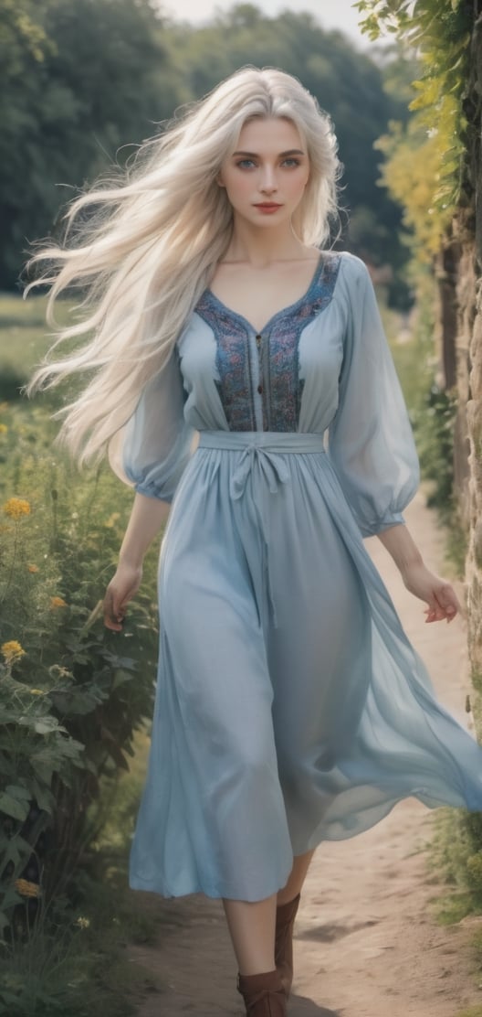 beautiful women enjoying nature in village, long white hair, no make uo, natural beauty, blue eyes,attractive,wearing old european dress ,inst4 style,aesthetic portrait,