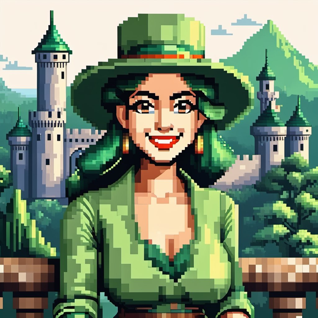 A man or a woman, wearing a beautiful green hat, a fashionable green hat, smile, half body, masterpiece, super detail, background single color, look at the camera, look at the audience, standing on the balcony, solid color background, super clear, super facial detail, intricate, (castle :1.3), pixel art,