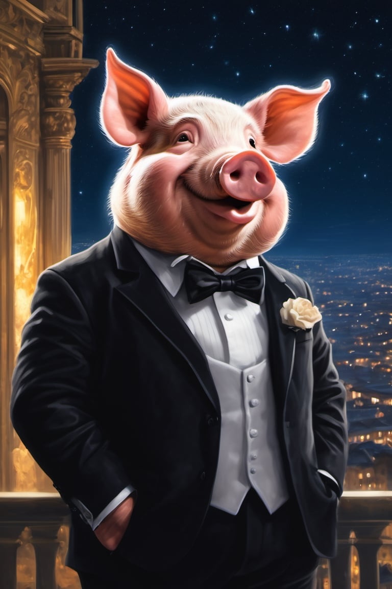 Masterpiece, (super detail), (animal anthropomorphism), gangster theme, (pig, smoking, black suit, presidential figure), Heavenly Father style, fake smile, looking at the audience, standing on the balcony of the night starry background, super clarity, super facial detail all over, intricate