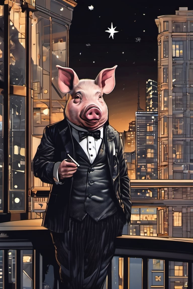 Masterpiece, (super detail), (animal anthropomorphism), gangster theme, (pig, smoking, black suit, presidential figure), Heavenly Father style, fake smile, looking at the audience, standing on the balcony of the night starry background, super clarity, super facial detail all over, intricate