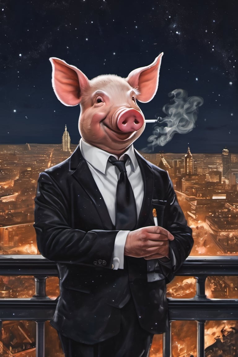 Masterpiece, (super detail), (animal anthropomorphism), gangster theme, (pig, smoking, black suit, presidential figure), Heavenly Father style, fake smile, looking at the audience, standing on the balcony of the night starry background, super clarity, super facial detail all over, intricate