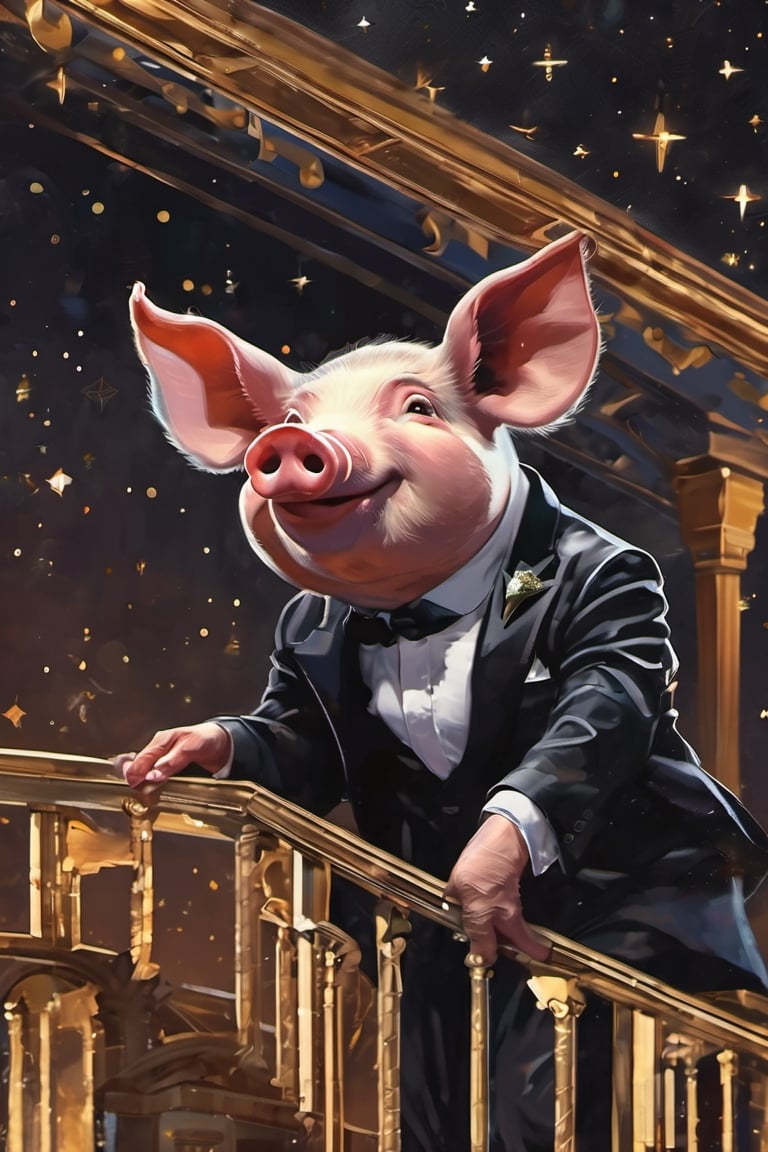 Masterpiece, (super detail), (animal anthropomorphism), gangster theme, (pig, smoking, black suit, presidential figure), Heavenly Father style, fake smile, looking at the audience, standing on the balcony of the night starry background, super clarity, super facial detail all over, intricate