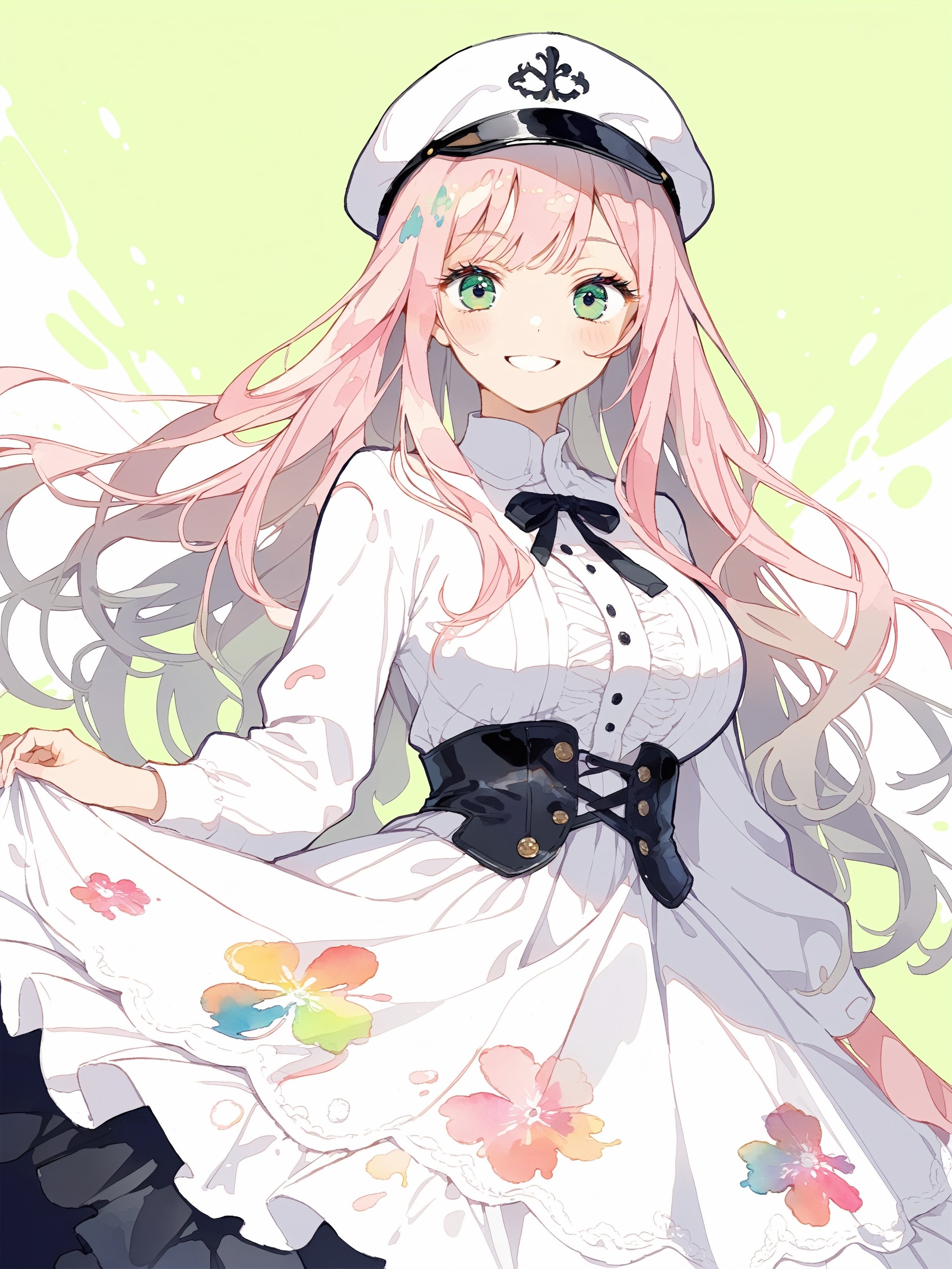 //quality
masterpiece, best quality, aesthetic, 
//Character
1girl, (beautiful eyes:1.0), big eyes, deailed eyes, long hair, 
(smile:1.3), (large breasts:1.1), 
//Fashion 
(knit dress:1.3), Work Cap, 
Pink brocade pattern, 
//Background 
(watercolor:0.5), green background, paint splash, 