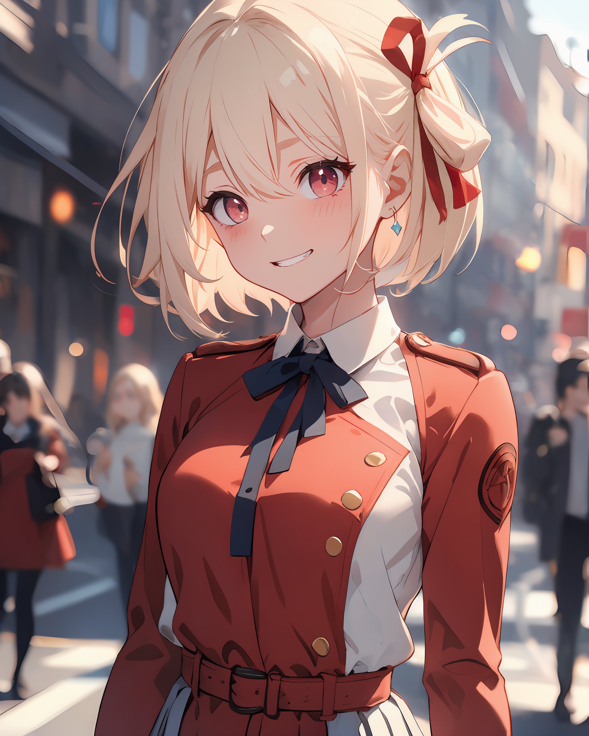 1girl, solo, beautiful hair, medium hair, beautiful eyes, detailed eyes, shining red eyes, (blush:1.3), (tilt her head:1.2),  
realistic, hyper detail, perfect body, 
short hair, bangs, blonde hair, (red eyes:1.5), hair ribbon, one side up, bob cut,BREAK shirt, long sleeves, dress, ribbon, white shirt, collared shirt, belt, neck ribbon, red dress, blue ribbon, pleated dress, grey dress, two-tone dress, red belt, lycoris uniform,
(bokeh:1.1), ,More Detail, upper body, ,nishikigi chisato