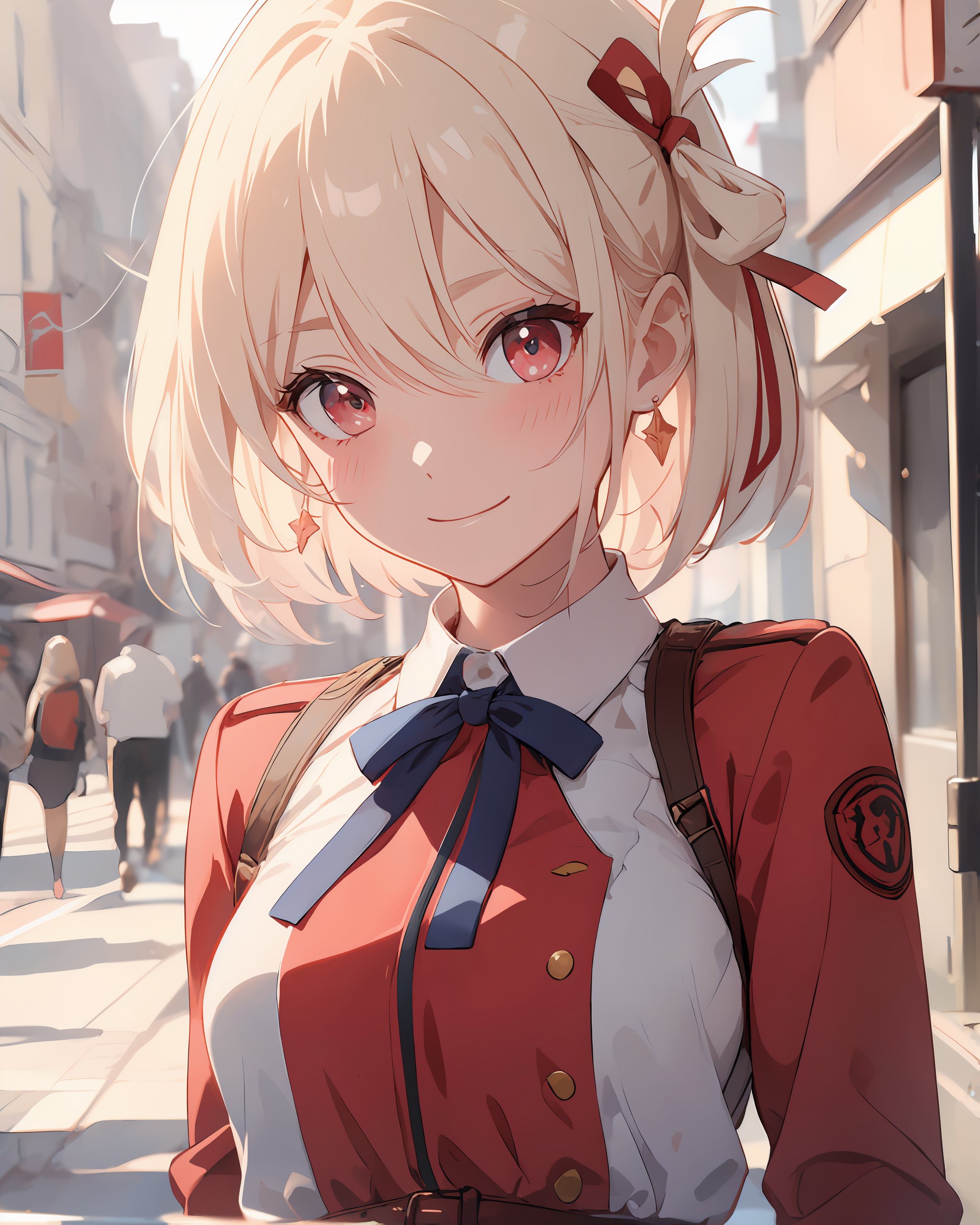 1girl, solo, beautiful hair, medium hair, beautiful eyes, detailed eyes, shining red eyes, (blush:1.3), (tilt her head:1.2),  
realistic, hyper detail, perfect body, 
short hair, bangs, blonde hair, (red eyes:1.5), hair ribbon, one side up, bob cut,BREAK shirt, long sleeves, dress, ribbon, white shirt, collared shirt, belt, neck ribbon, red dress, blue ribbon, pleated dress, grey dress, two-tone dress, red belt, lycoris uniform,
(bokeh:1.1), ,More Detail, upper body, ,nishikigi chisato