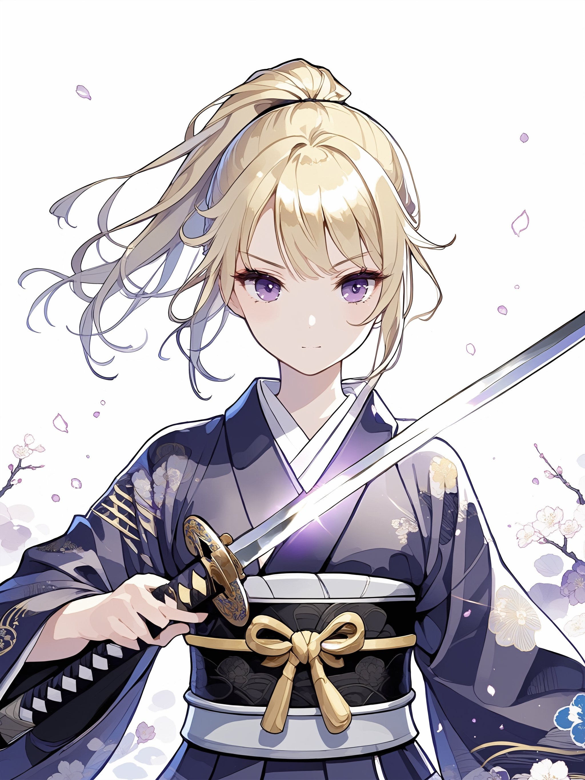 Illustration of a girl holding a Japanese sword in Japanese anime style.
The girl is holding a Japanese sword.
The girl is wearing a beautiful black and gold  kimono.
The girl has beautifule blonde hair in side ponytail.
The girl has beautiful purple eyes.
The blade of the sword is shining silver and blue.
Her kimono has a beautiful traditional Japanese pattern.
This is a super detailed illustration!
masterpiece, top quality, aesthetic, Samurai_Girl