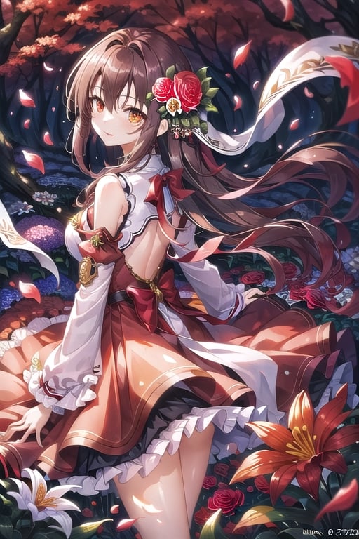 high quality, 1Girl, Smile, brown hair, orange eyes, with dress, sexy outfit , backround forest, asuna ,flower background