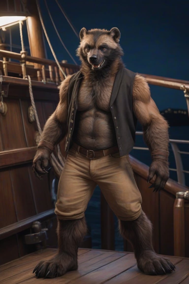  cinematic scene, full-length portrait, ((male anthro wolverine with light brown color natural fur, full black chest fur, full black abdomen fur)), (((low ears, short ears, small ears, rounded ears, ears on side of head))), He has a long torso, (plantigrade paws), (chubby:0.8), ((plantigrade footpaws with black claws)), he is dressed like a pirate standing on a ship, epic night, high quality photography, 3 point lighting, flash with softbox, 4k, Canon EOS R3, hdr, smooth, sharp focus, high resolution, award winning phot