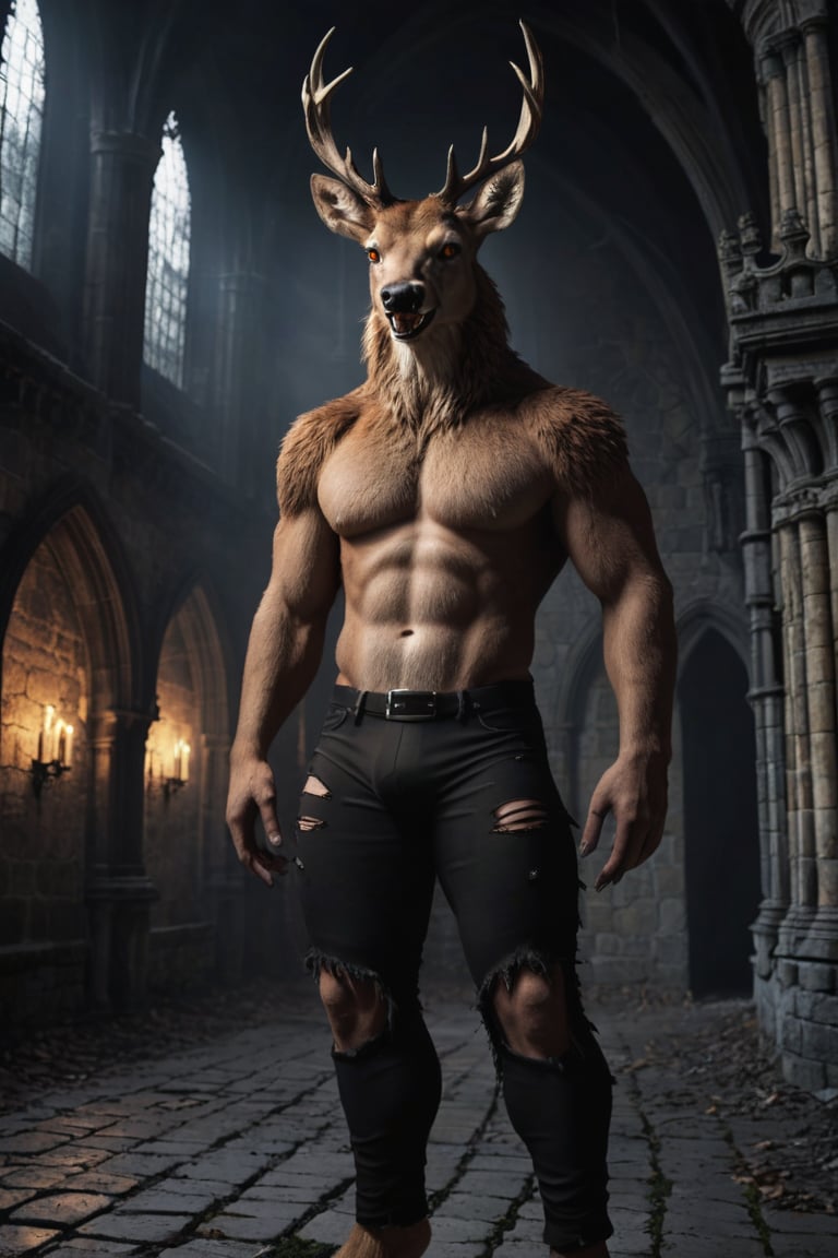 realistic, realism, large male were-deer, fangs, ripped pants, bulge, gothic castle, dark, moody, filtered lights, thick fur, amber eyes,