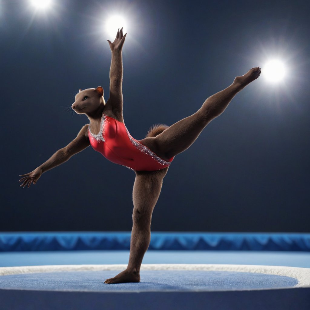 full body image, photorealism, photorealistic, solo (female anthro mink gymnast with brown fur:1.3), long tail, short ears, she is wearing a red leotard decorated with rhinestones, She is in olympic gymnastic performance.  her body is supple and graceful and her poses are elegant,  Her handpaws have five fingers with claws, her footpaws have five toes with claws, (She has a very long and thin torso, she has very short legs:1.3), (the floor is completely blue),eligant athletic gymist pose 