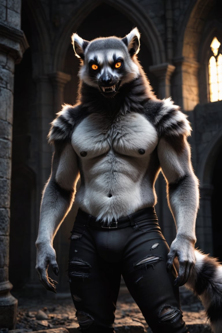 realistic, realism, large male were-lemur, fangs, ripped pants, bulge, gothic castle, dark, moody, filtered lights, thick fur, amber eyes, tail, 