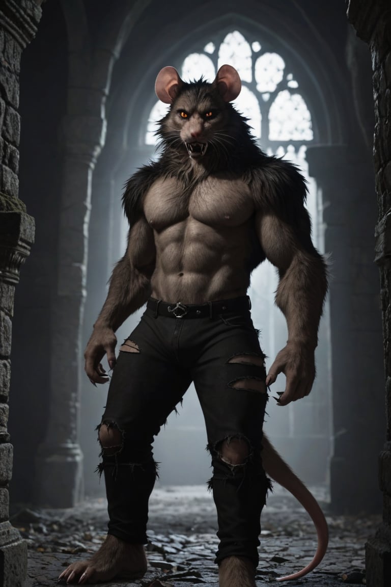 realistic, realism, large male were-mouse, fangs, ripped pants, bulge, gothic castle, dark, moody, filtered lights, thick fur, amber eyes,