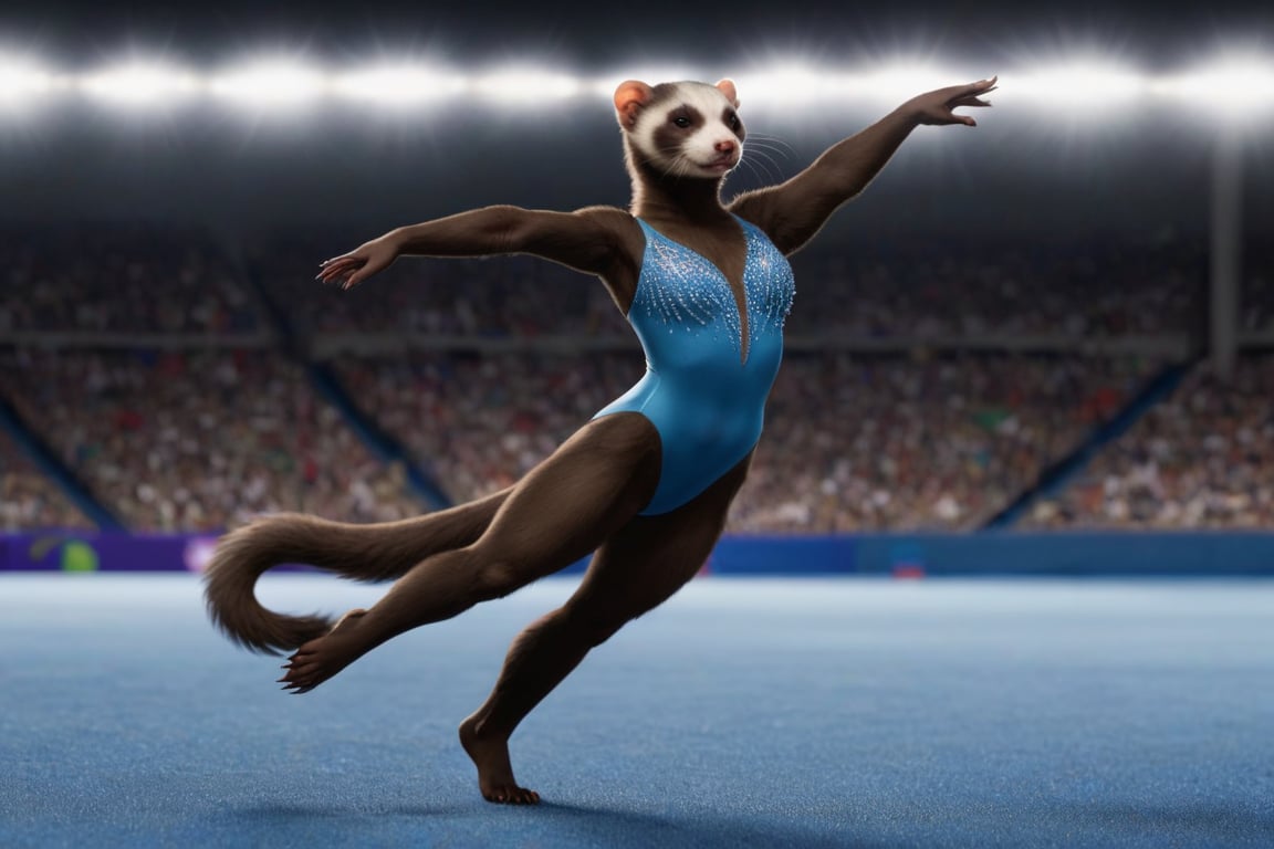 full body image, establishing shot,  photorealism, photorealistic, solo (female dark brown anthro ferret gymnast:1.3),  detailed fur, brown nose, (tail:1.3), (she is wearing a  blue leotard decorated with rhinestones), She is in olympic gymnastic performance on a blue floor.  her body is supple and graceful and her poses are elegant,  Her handpaws have five fingers with claws, her footpaws have five toes with claws, (She has a very long and thin torso, she has very short legs:1.3), arena with crowd in shadow in far distance, (the floor is completely blue), graceful athletic female gymnast performing an eligant leap