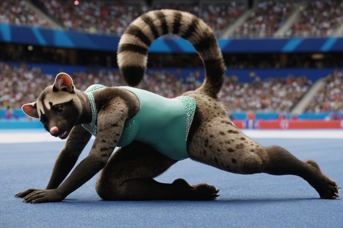 full body image, establishing shot,  photorealism, photorealistic, solo (female anthro civet gymnast:1.3),  detailed fur, pink nose, (tail:1.3), (she is wearing a  green leotard decorated with rhinestones), She is in olympic gymnastic performance on a blue floor.  her body is supple and graceful and her poses are elegant,  Her handpaws have five fingers with claws, her footpaws have five toes with claws, (She has a very long and thin torso, she has very short legs:1.3), arena with crowd in shadow in far distance, (the floor is completely blue), graceful athletic female gymnast performing an eligant back bend