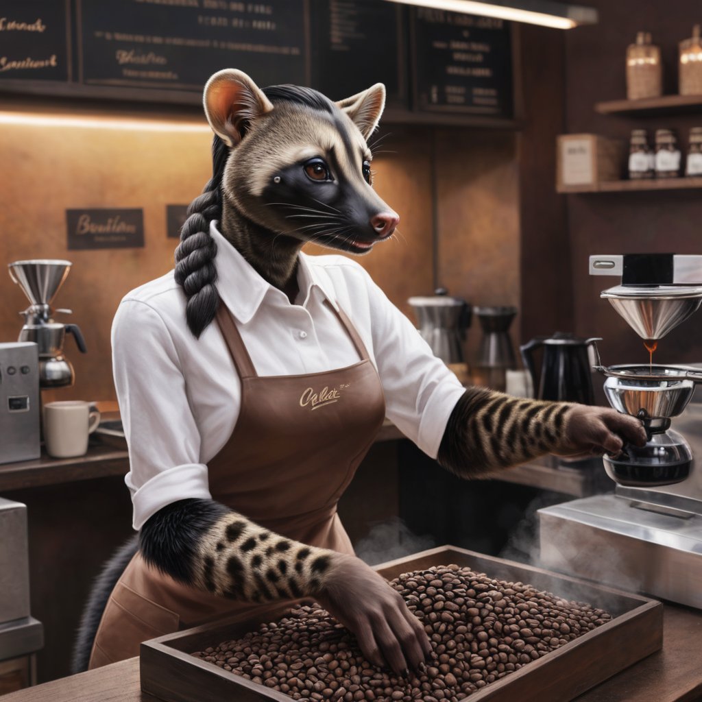 realistic, hyperrealism, anthro female palm civet working as a barrista, she is roasting coffee  beans,