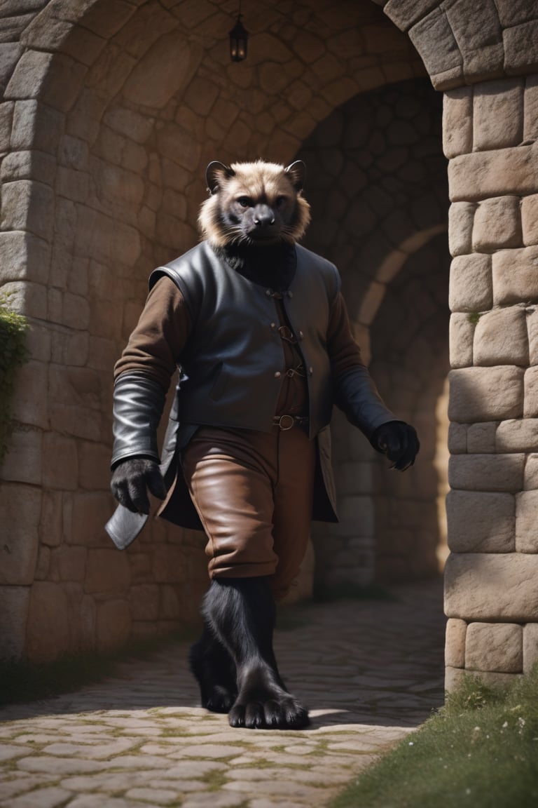 realistic, hyperrealism, full-length Photo, ((male anthro wolverine, light brown natural fur, full black chest fur, full black abdomen fur)),  (((low ears, small ears, ears on side of head))), (tail, long torso), (plantigrade paws), (chubby:0.8),  
BREAK
cinematic scene, full-length portrait, dressed in 
medeival fantasy D&D style leather rogue clothing, His fur is realistic and colors are natural, (Footpaws are plantigrade and uncoverd to show black claws), moving with determination along an acient castle wall, 