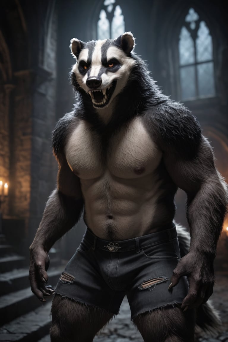 realistic, realism, large male werebadger, happy expression, fangs, ripped shorts, bulge, gothic castle, dark, moody, filtered lights, thick fur, amber eyes,