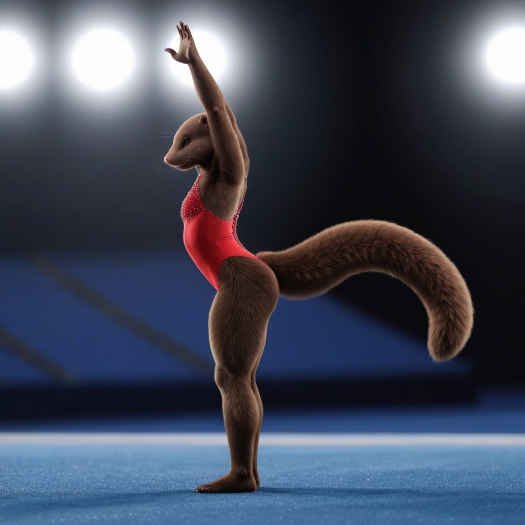 full body image, photorealism, photorealistic, solo (female anthro mink gymnast with brown fur:1.3), long tail, ruffled head fur,  (she is wearing a red leotard decorated with rhinestones), She is in olympic gymnastic performance on a blue floor.  her body is supple and graceful and her poses are elegant,  Her handpaws have five fingers with claws, her footpaws have five toes with claws, (She has a very long and thin torso, she has very short legs:1.3), arena with crowd in shadow in far distance, (the floor is completely blue), eligant athletic female gymnast pose, rear view, 