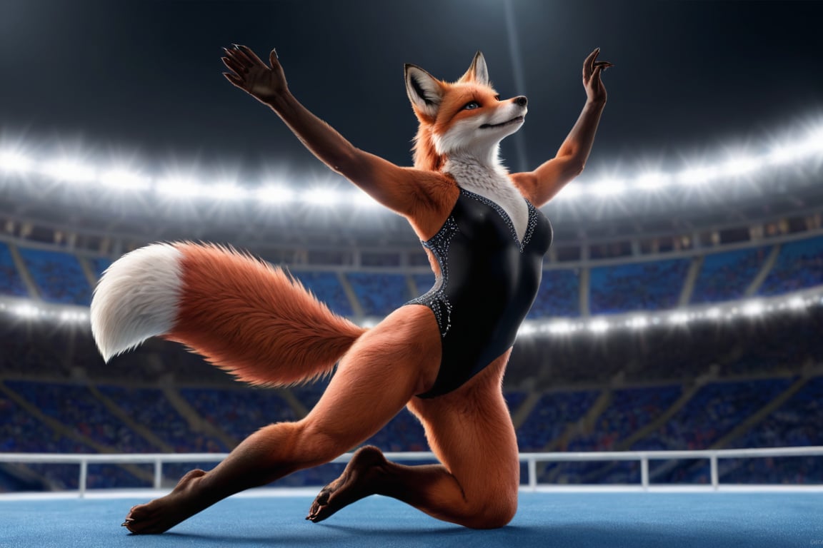 full body image, establishing shot,  photorealism, photorealistic, solo (female anthro red fox gymnast:1.3),  detailed fur, brown nose, (tail:1.3), (she is wearing a  black leotard decorated with rhinestones), She is in olympic gymnastic performance on a blue floor.  her body is supple and graceful and her poses are elegant,  Her handpaws have five fingers with claws, her footpaws have five toes with claws, (She has a very long and thin torso, she has very short legs:1.3), arena with crowd in shadow in far distance, (the floor is completely blue), graceful athletic female gymnast performing an eligant leap