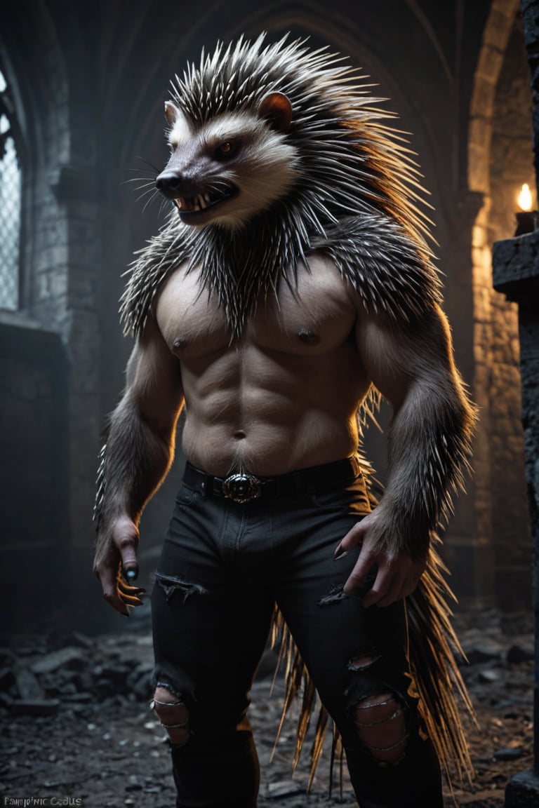 realistic, realism, large male were-porcupine, fangs, ripped pants, bulge, gothic castle, dark, moody, filtered lights, thick fur, amber eyes, porcupine tail, 